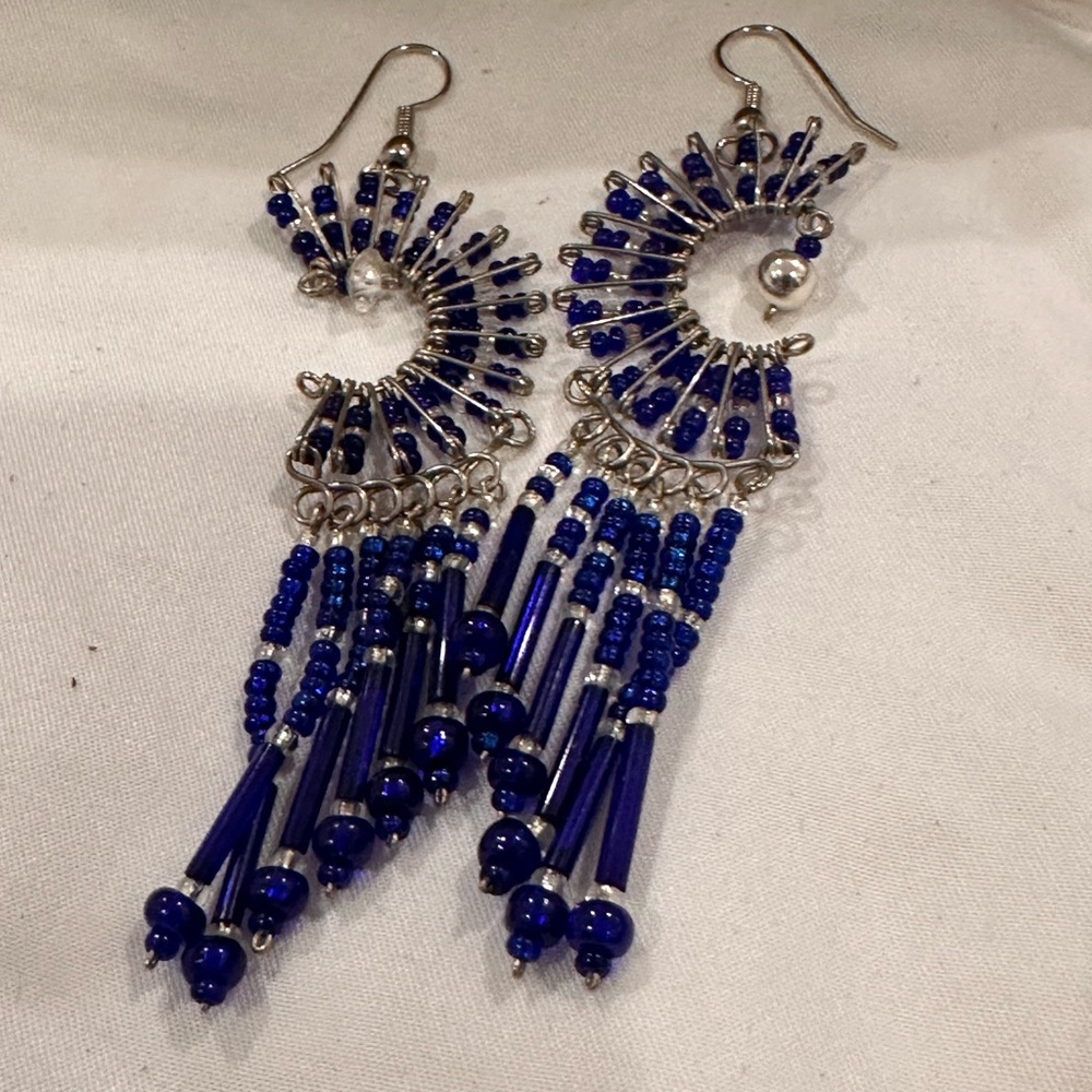 Southwestern Boho Beaded Handmade Tassel Fringe Cobalt Blue Earrings